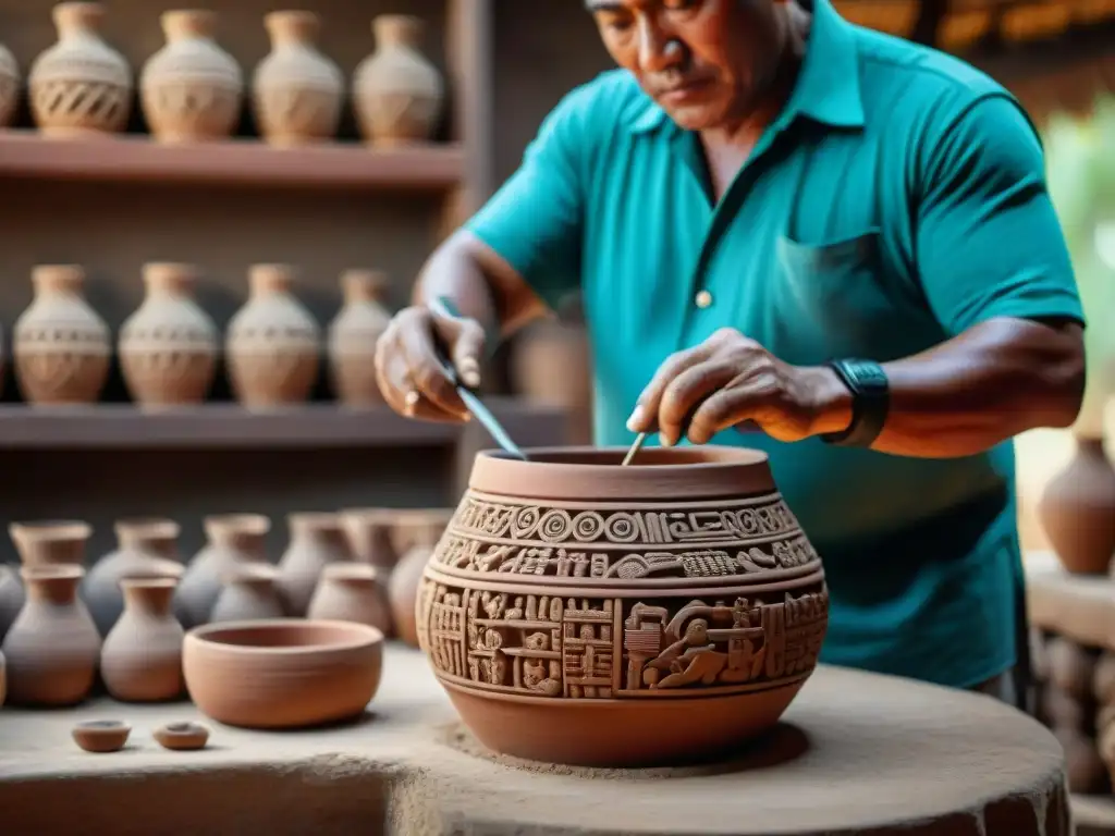 Artesano maya tallando patrones en una vasija de barro, reflejando el arte cerámico tradicional civilización maya