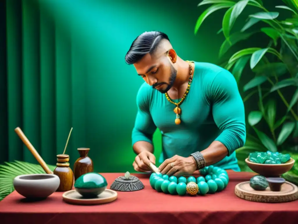 Artesano maya tallando piedra turquesa con herramientas tradicionales y joyería de jade, en la selva