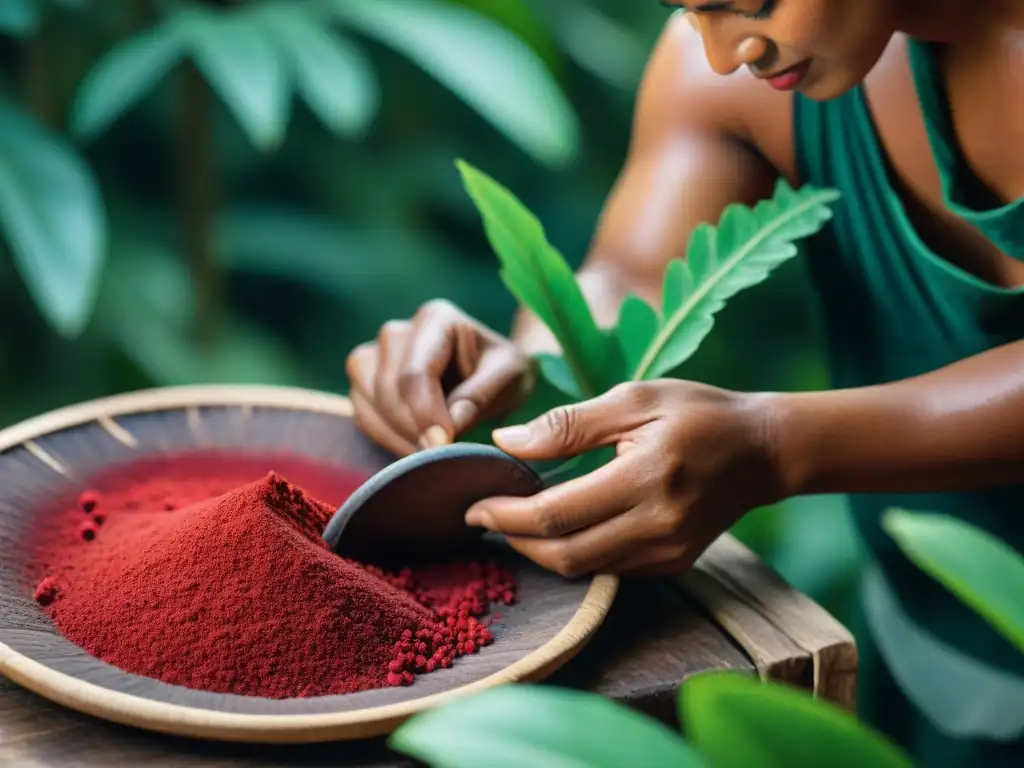 Hábil artesano maya extrayendo pigmento rojo de la cochinilla en la jungla
