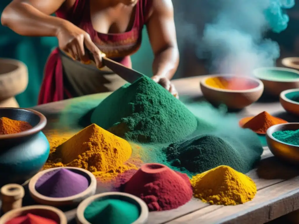 Un artesano maya muele pigmentos con herramientas tradicionales, destacando la creación de coloridos tintes