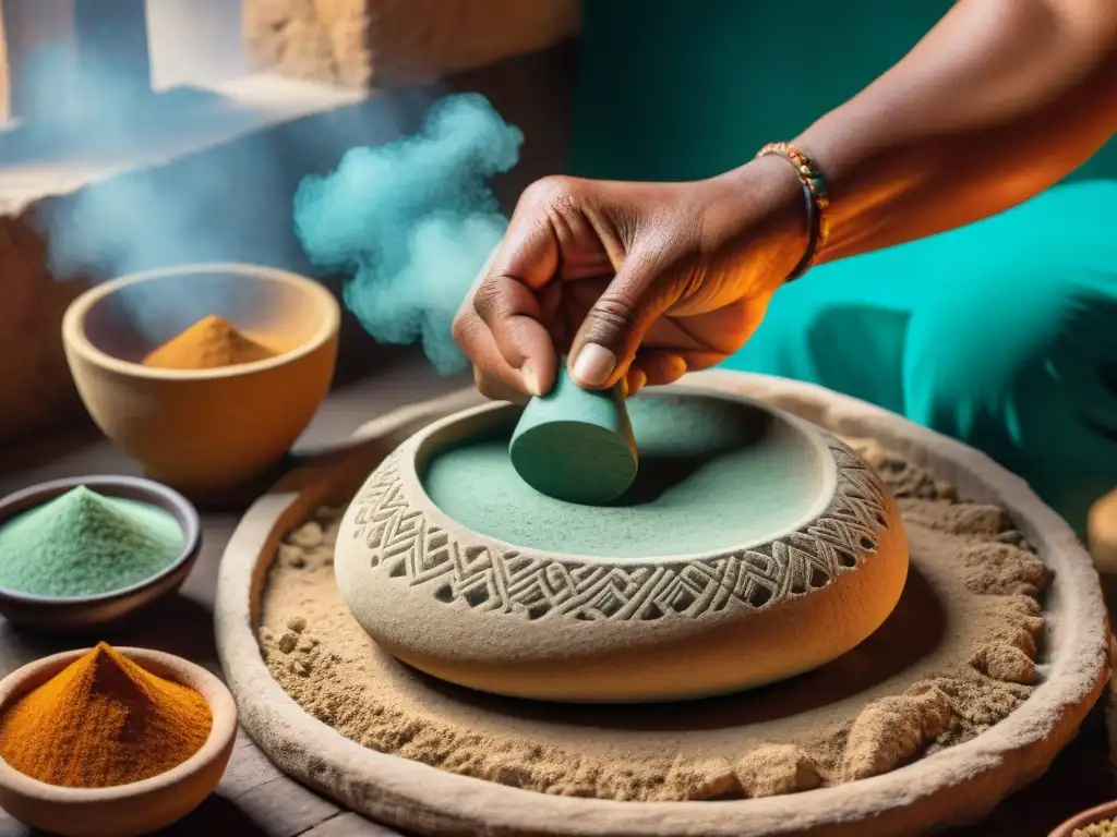 Un artesano maya muele pigmentos en un metate, creando la paleta de colores maya persistente