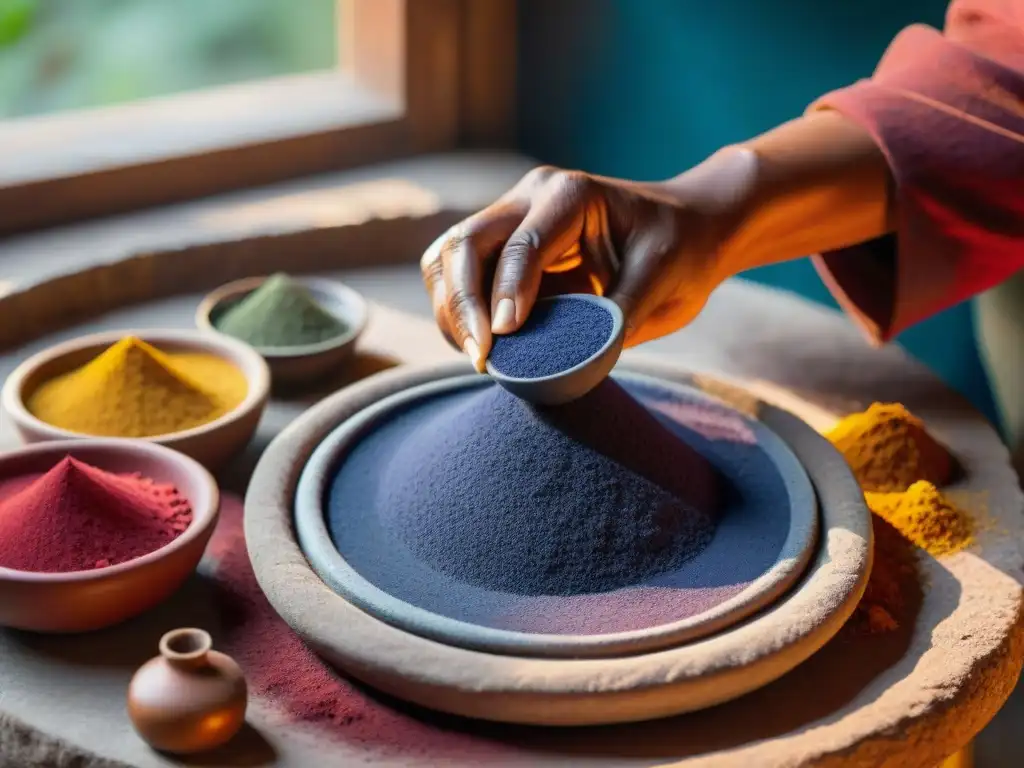 Un artesano maya muele pigmentos naturales en un metate, creando pinturas con esmero