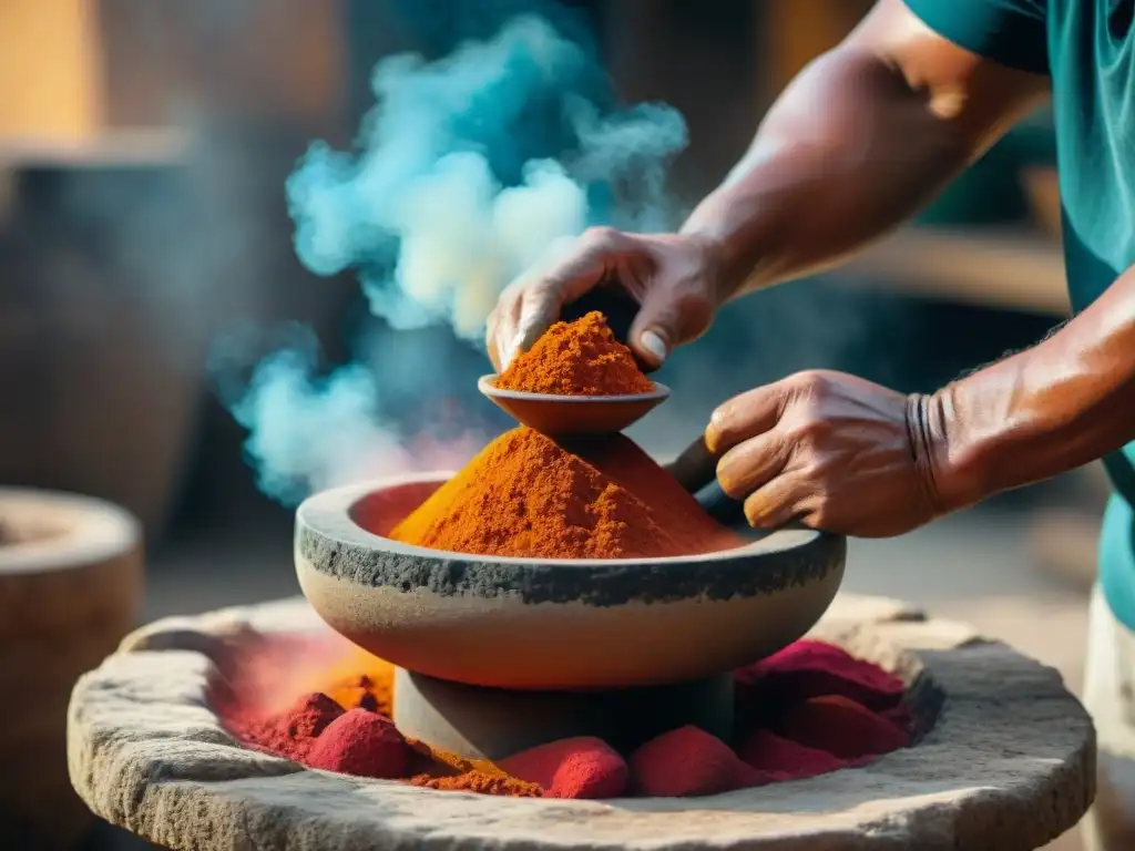 Un artesano maya muele pigmentos naturales vibrantes en un metate, creando cerámica con significados ancestrales