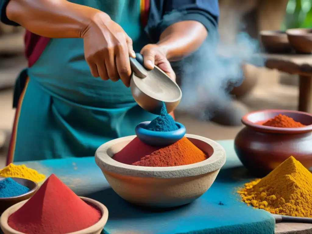 Artesano maya muele pigmentos naturales en metate y mano, reflejando la extracción ancestral