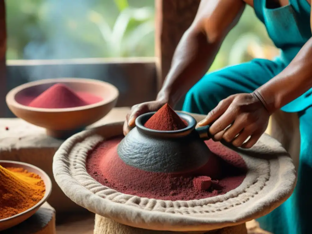 Un artesano maya mezcla pigmentos naturales en el metate y mano, resaltando la rica tradición de tintes naturales en la civilización maya