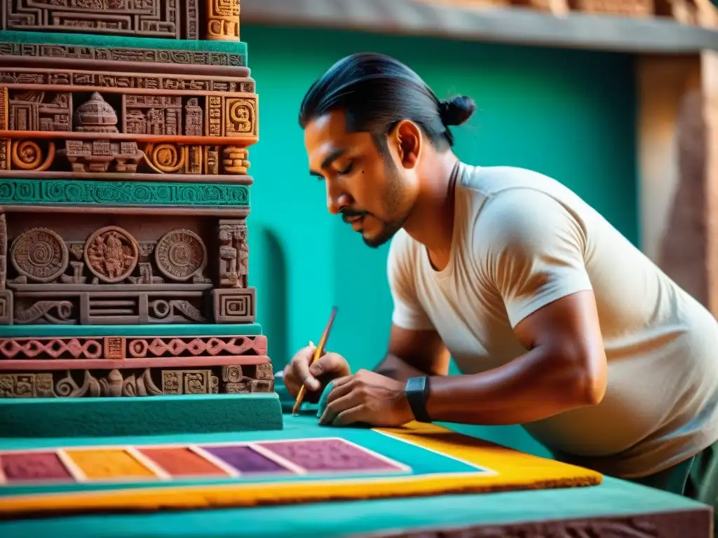 Artesano Maya aplicando pigmentos: técnica y cultura Un artesano maya aplica pigmentos vibrantes a una talla arquitectónica detallada, destacando técnicas e historia de 'Pigmentos en arquitectura maya'