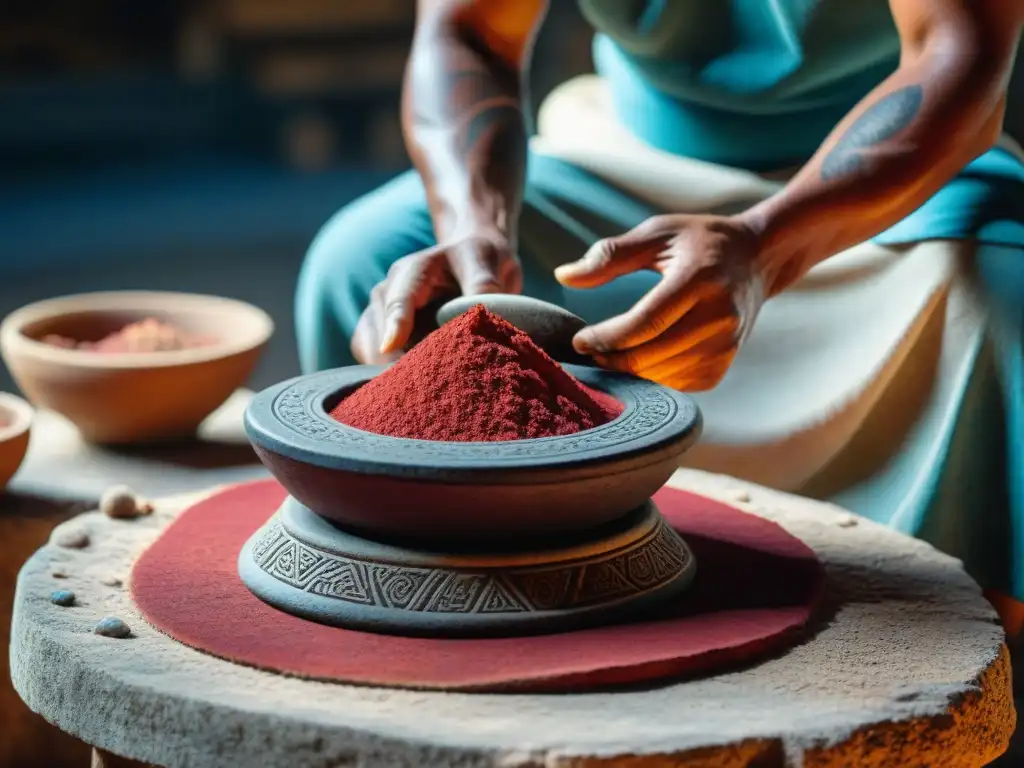 Un artesano maya muele pigmentos vivos en metate y mano, creando una paleta de colores maya persistente bajo la luz del sol en un templo antiguo