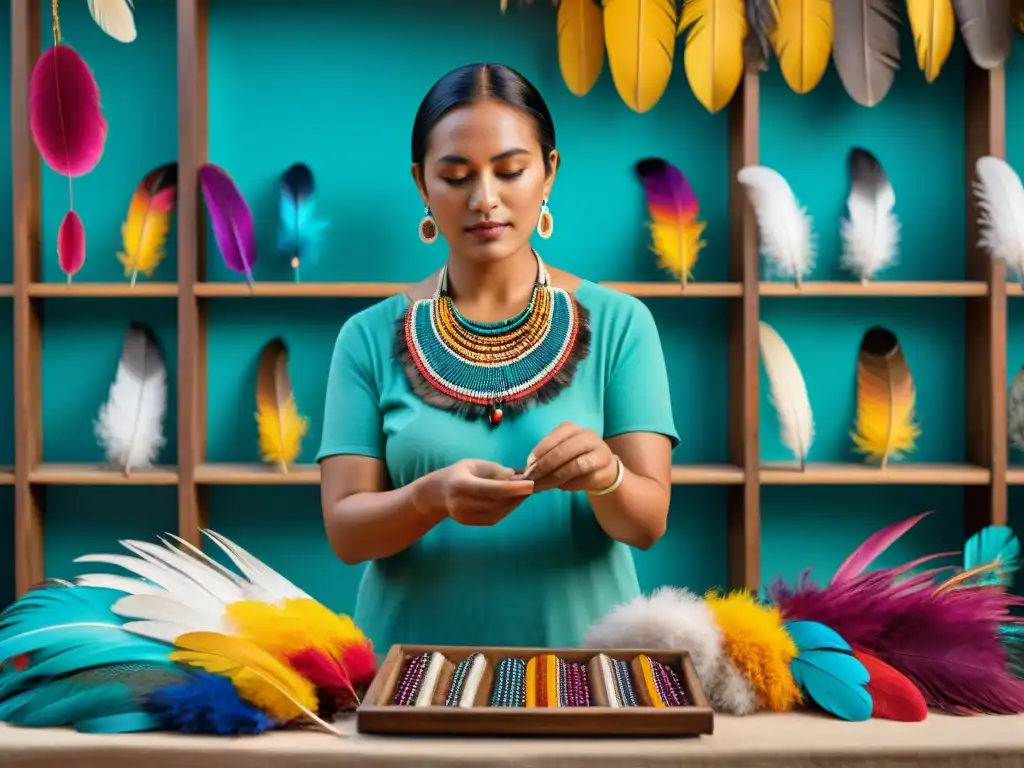 Un artesano maya selecciona plumas exóticas en vibrante escena