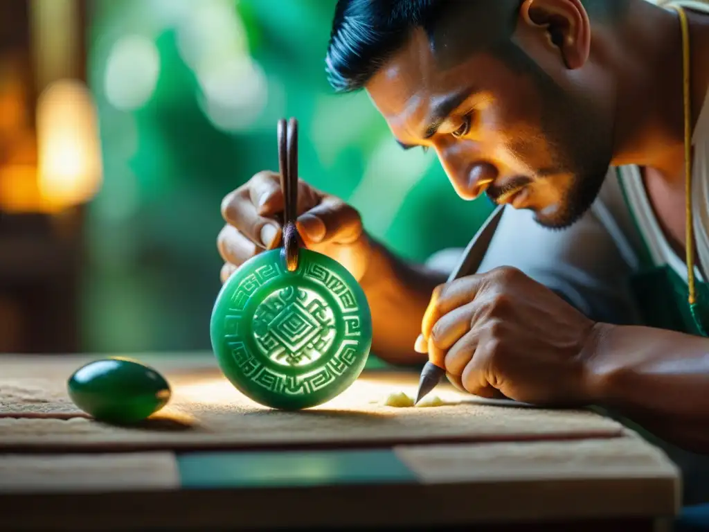 Un artesano maya tallando con precisión un colgante de jade, conectando con la espiritualidad de su cultura ancestral