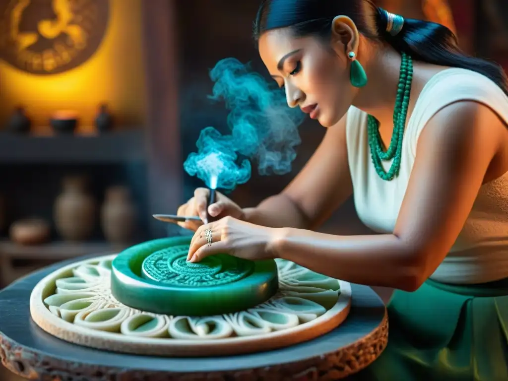 Artesano maya tallando réplicas con jade y herramientas tradicionales, reflejando la cultura y arte maya