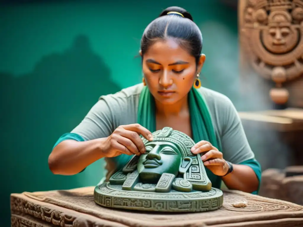 Un artesano maya crea réplicas mayas educativas turismo cultural en jade, destacando la historia y legado artístico maya