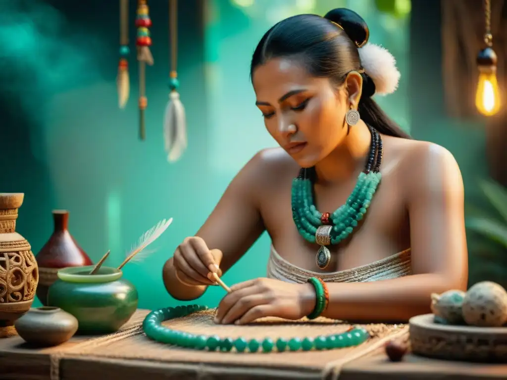 Artesano maya crea joyería en rituales ancestrales con jade y símbolos vibrantes