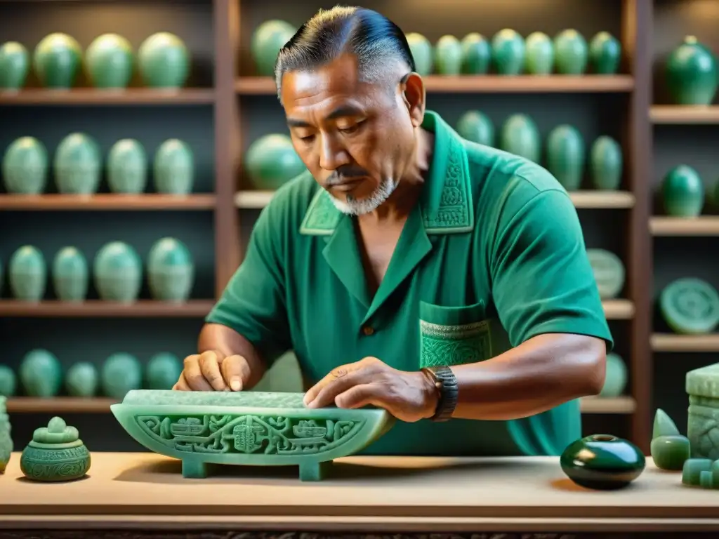 Artesano maya tallando jade con símbolos, tradición ancestral y comercio de jade maya significado