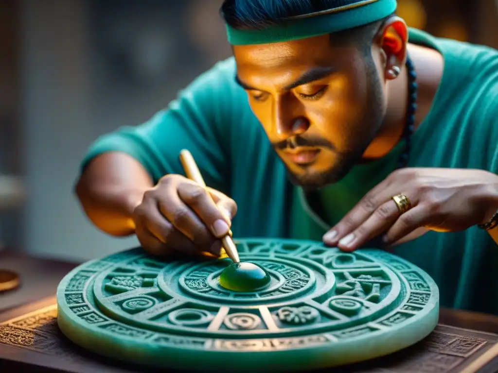 Un artesano maya tallando símbolos astronómicos en jade, con expresión concentrada