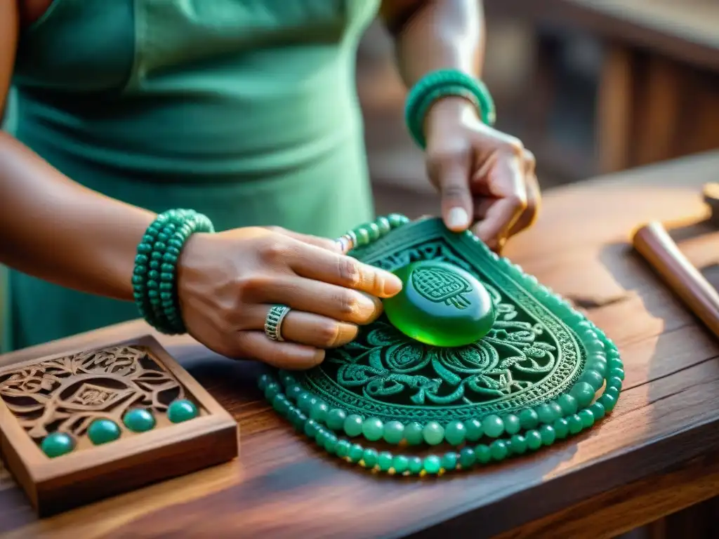 Hábil artesano maya tallando símbolos en un colgante de jade, simbolismo y funcionalidad en la artesanía maya