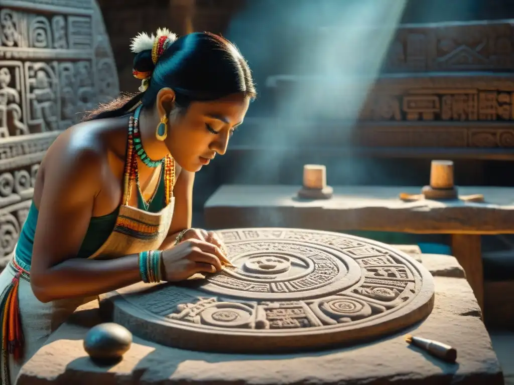 Un artesano maya tallando símbolos intrincados en una losa de piedra, rodeado de herramientas y artefactos tradicionales