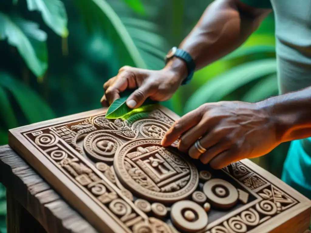 Un artesano maya tallando símbolos en madera, con la selva caribeña de fondo