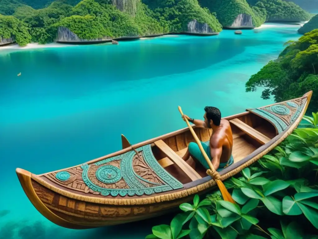 Un artesano maya talla una canoa en tronco rodeado de selva y mar Caribe