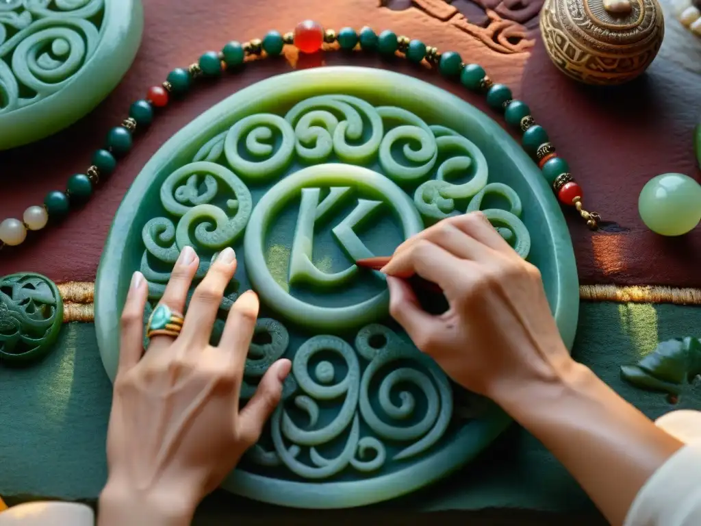 Un artesano maya talla con cuidado glifos en jade, con ruinas de fondo