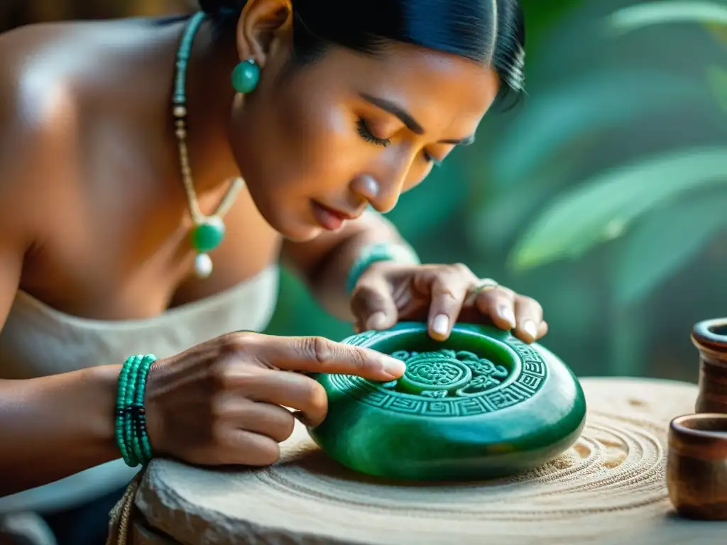 Un artesano maya talla con destreza un colgante de jade, mostrando la tradición joyas hereditarias cultura maya