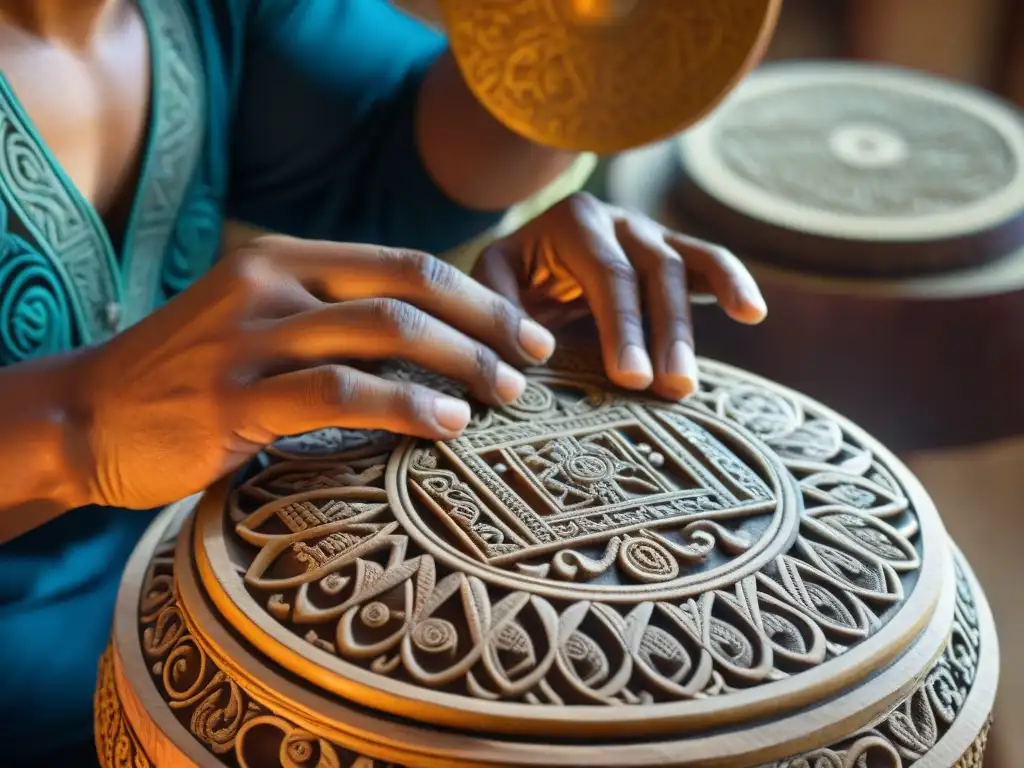 Un artesano maya talla con destreza motivos antiguos en un Tunkul, resaltando la artesanía de los instrumentos de percusión maya tradicionales