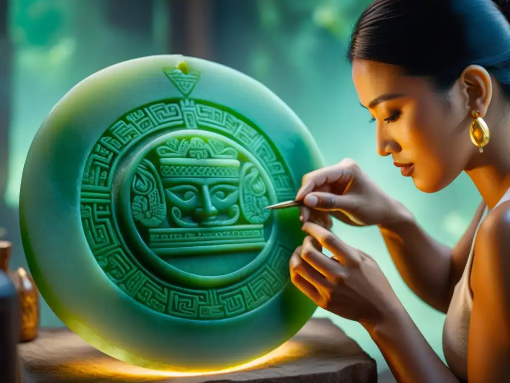 Un artesano maya talla con destreza un colgante de jade, fusionando técnicas tradicionales y modernas en joyas mayas