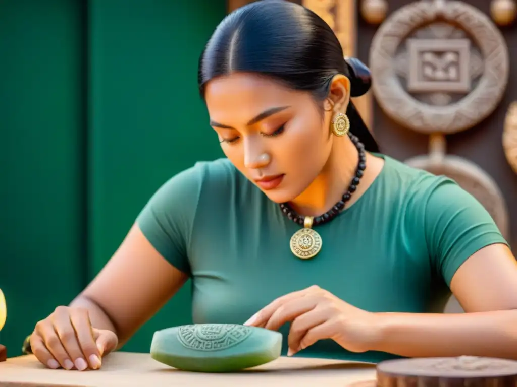 Un artesano maya talla con destreza diseños intrincados en joyería de jade, resaltando la artesanía y el diseño de joyería maya personalizada