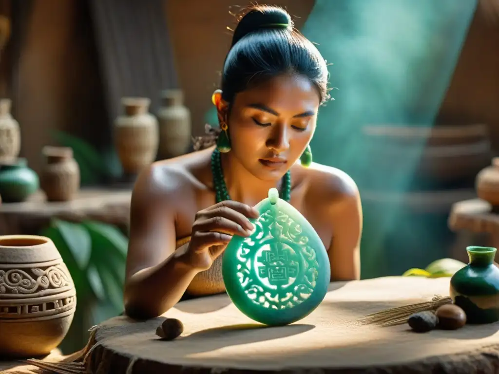 Un artesano maya talla con destreza un colgante de jade, simbolizando la fusión de cultura y arte en las artesanías mayas