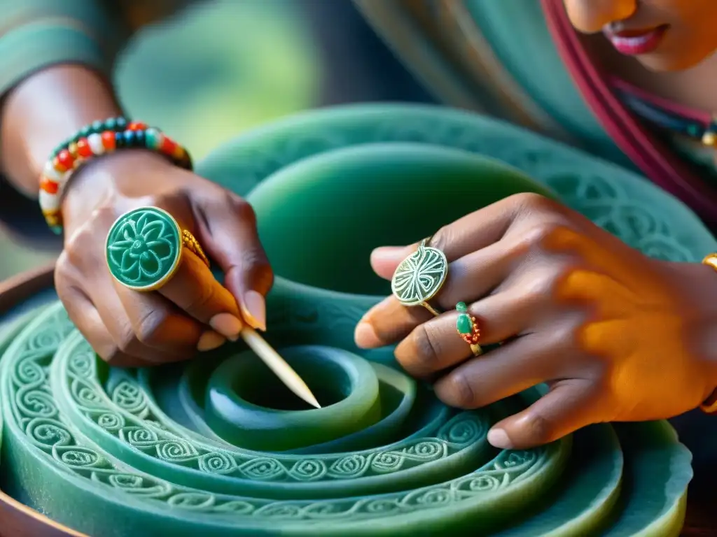 Un artesano maya talla con destreza diseños en jade, reflejando la creatividad de los talleres de la cultura maya