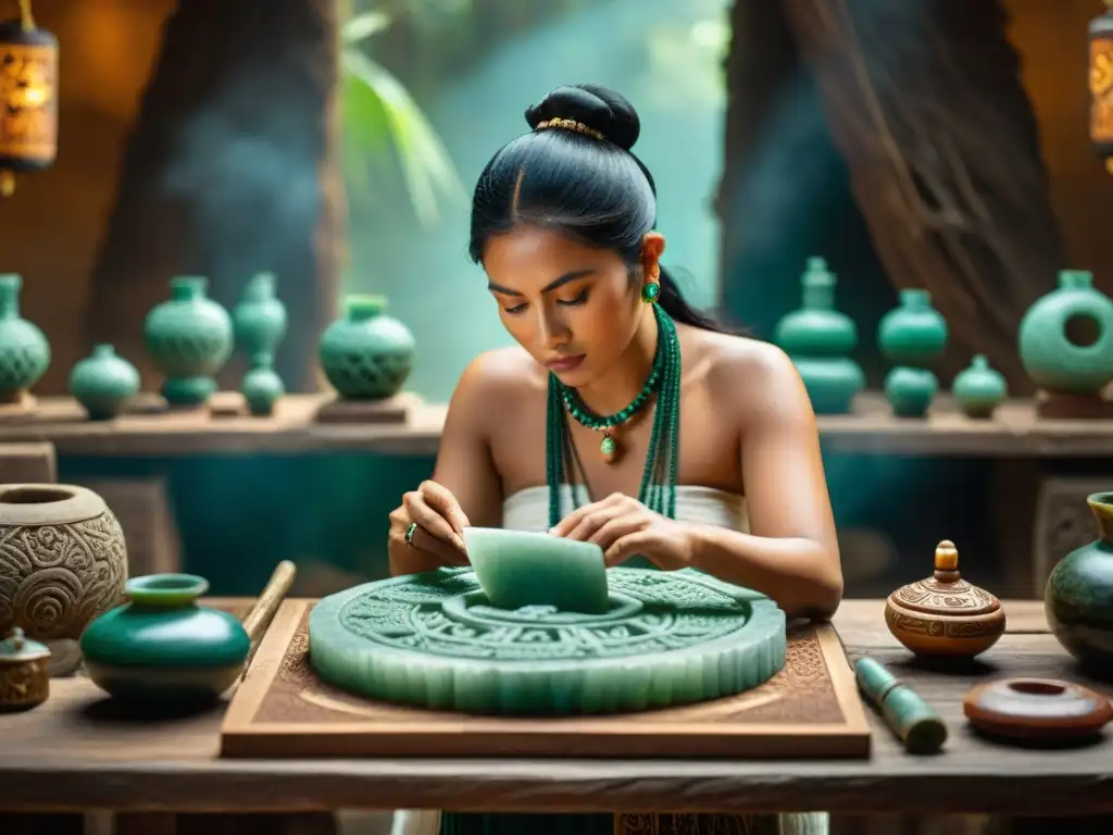 Un artesano maya talla con destreza diseños en jade, rodeado de herramientas antiguas y cuentas coloridas