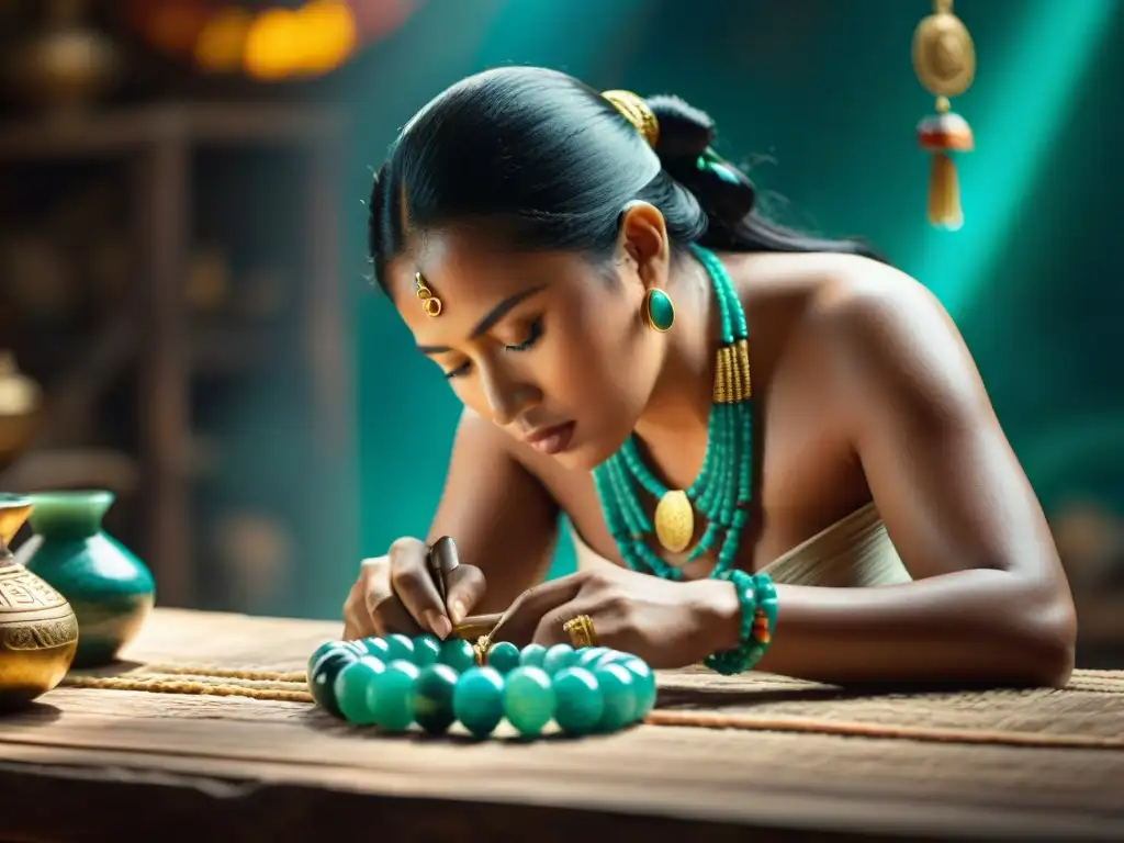 Un artesano maya talla con destreza un collar de jade rodeado de joyas de oro y turquesa, en un taller iluminado con gemas y artefactos