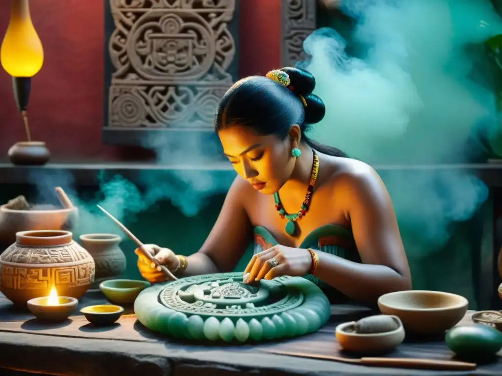 Un artesano maya talla diseños en jade rodeado de herramientas tradicionales y pigmentos naturales en un taller creativo que celebra la cultura maya