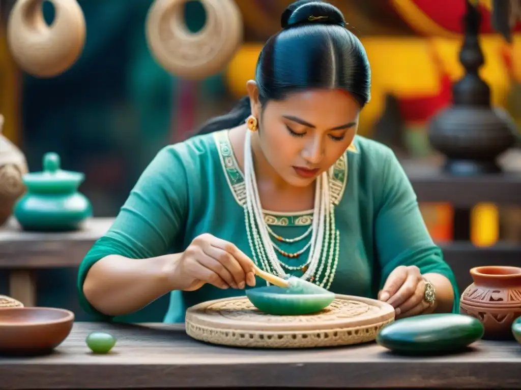 Un artesano maya talla diseños en jade, rodeado de herramientas y creaciones, en un mercado vibrante