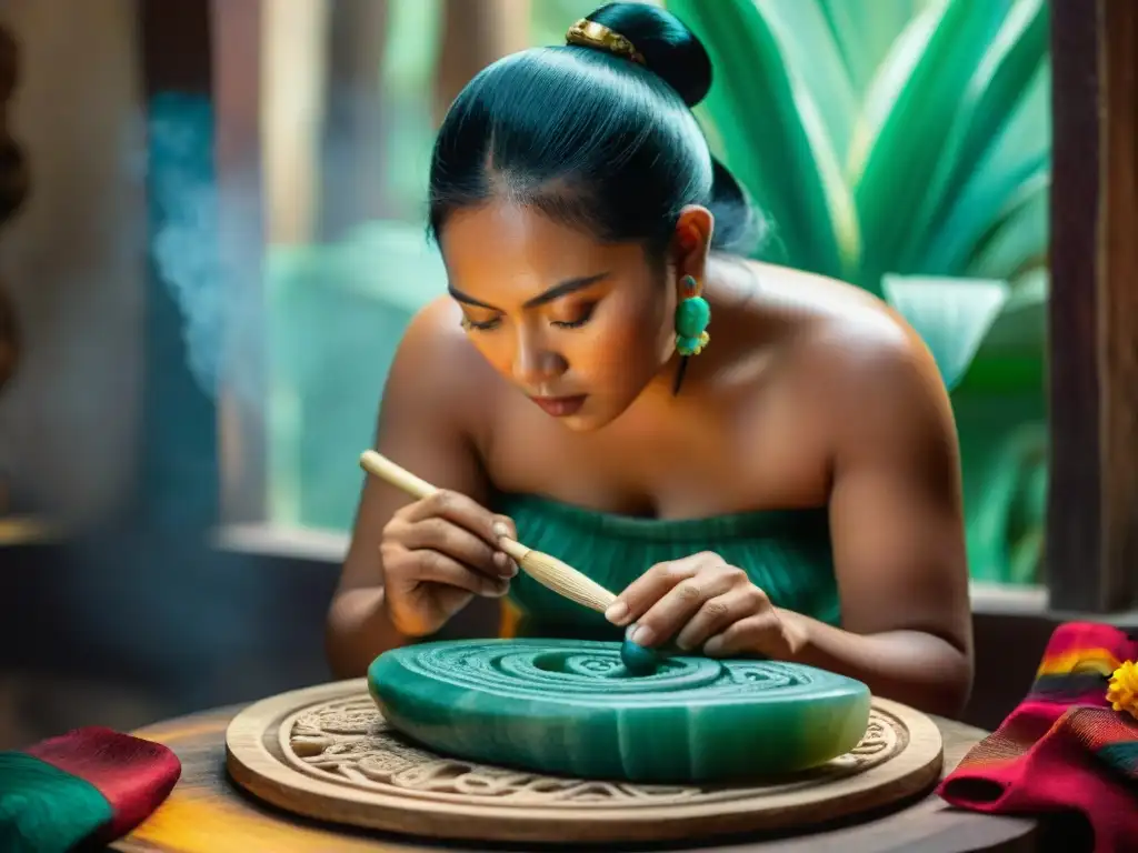 Un artesano maya talla con precisión diseños en jade, rodeado de herramientas tradicionales