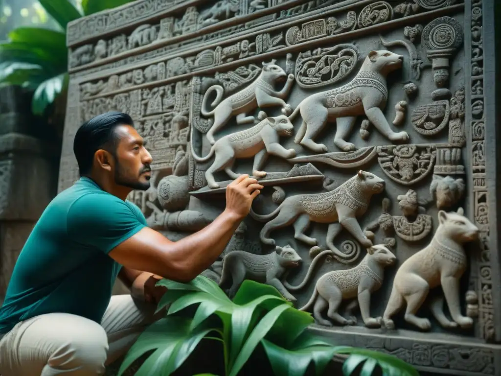 Un artesano maya talla fauna en un relieve de piedra con detalle ultradetallado, destacando la importancia de la fauna en relieves mayas