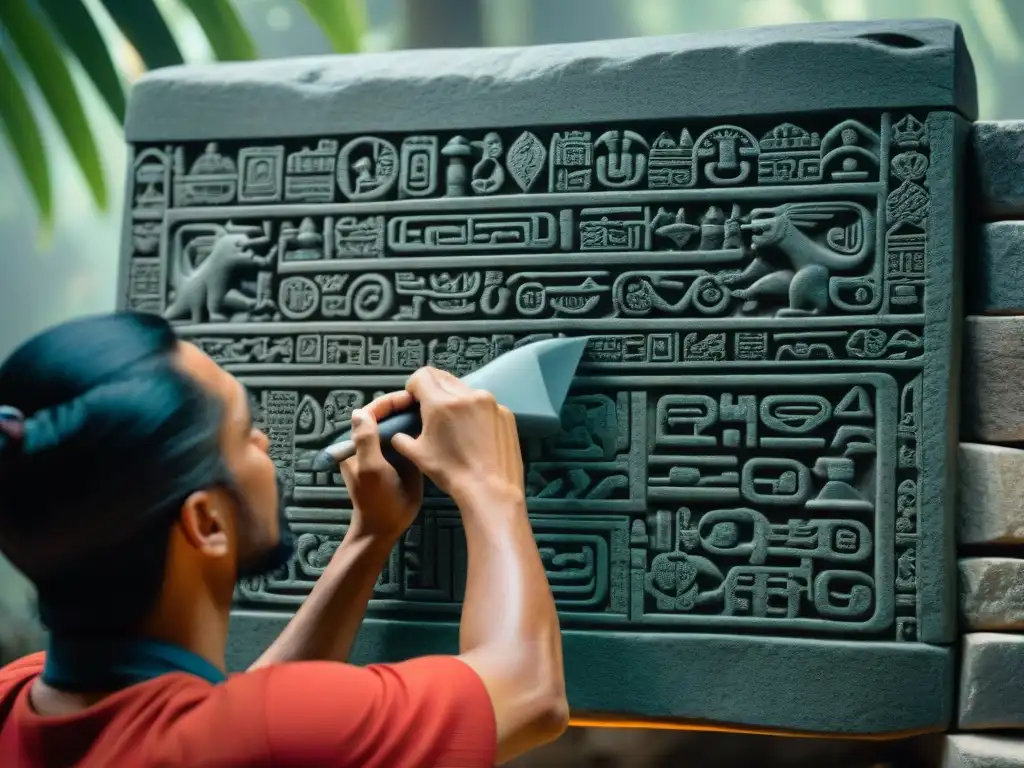 Un artesano maya talla intrincados jeroglíficos en una tableta de piedra, preservando las lenguas mayas en arte con maestría