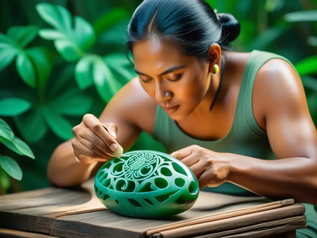 Un artesano maya talla delicadamente un jade verde, mostrando patrones tradicionales simbolizando la vida y el renacimiento en la selva guatemalteca