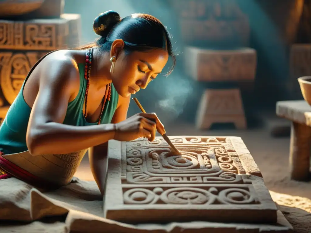 Un artesano maya talla jeroglíficos con precisión en una piedra, destacando la reconstrucción 3D de técnicas de construcción mayas