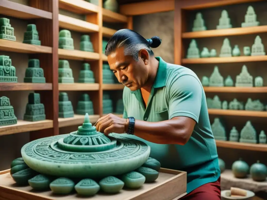 Un artesano maya talla con precisión en jade, reflejando el simbolismo y funcionalidad de las artesanías mayas