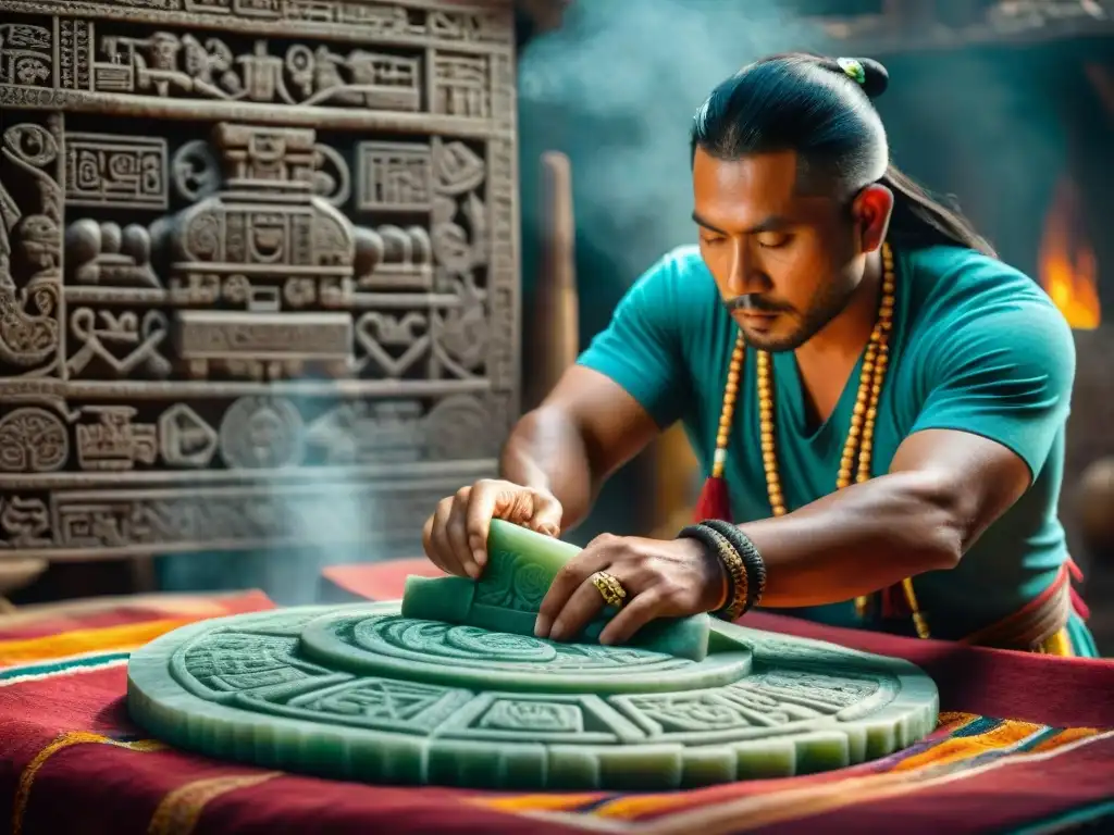 Un artesano maya talla símbolos en jade, conectando con técnicas ancestrales y el significado simbólico de las artesanías mayas