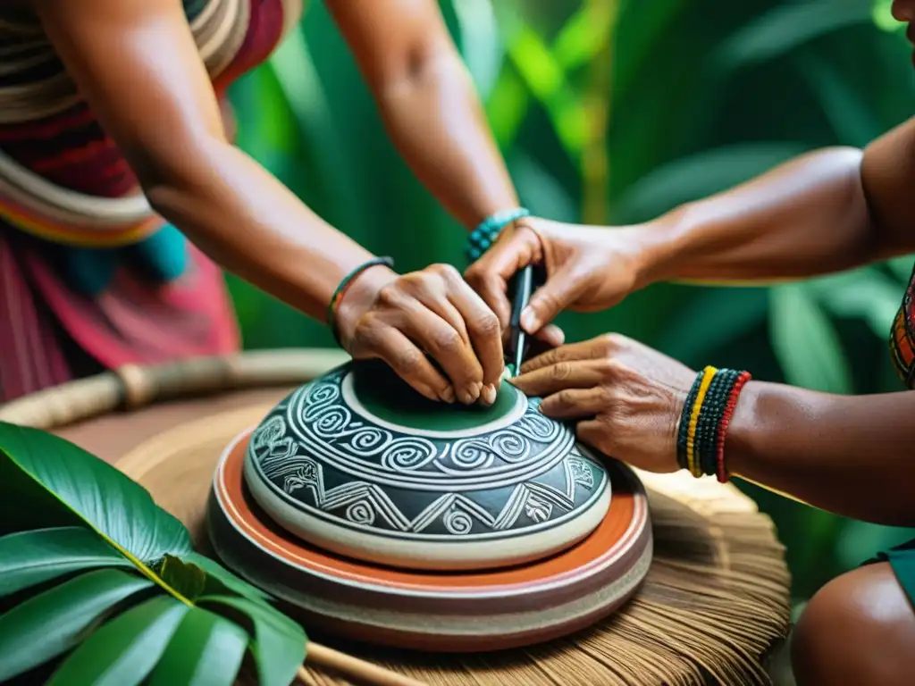 Un artesano maya talla símbolos en cerámica, rodeado de colores vibrantes y la selva, en una escena llena de simbolismo y tradición