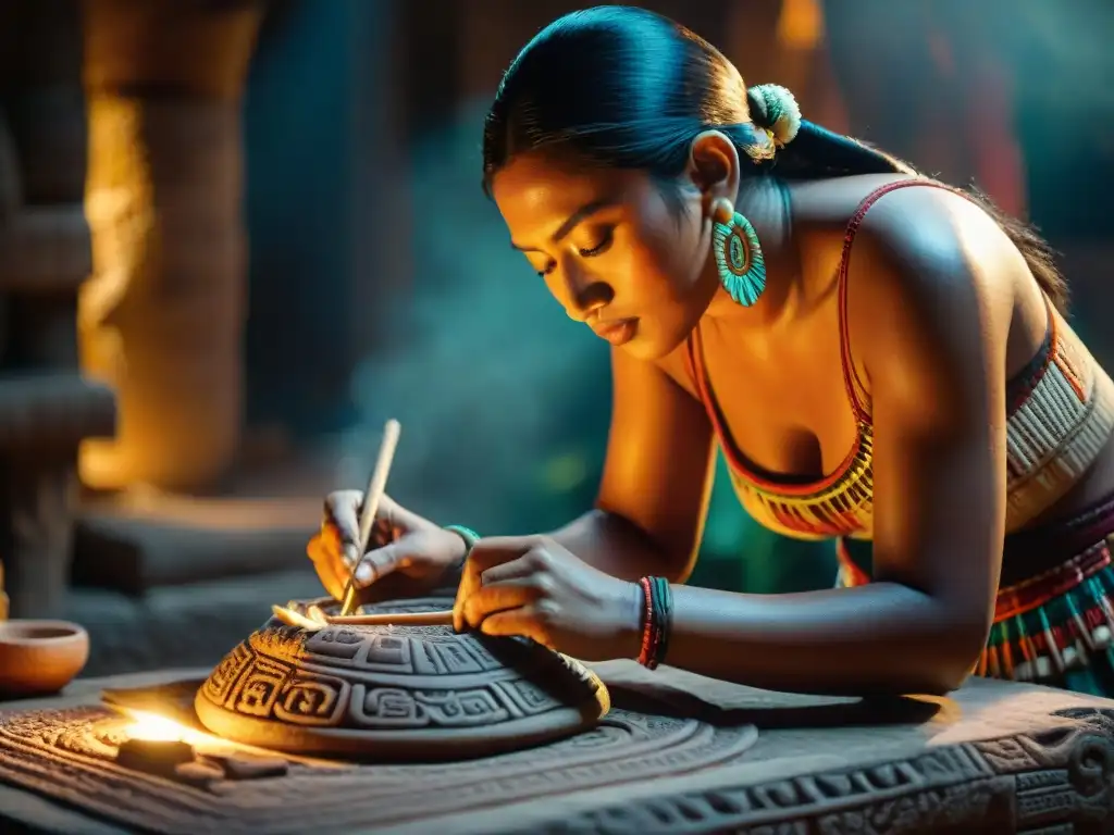 Artesano maya tallando réplica con técnica artesanal réplicas mayas en taller iluminado