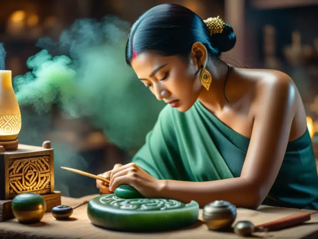 Artesano maya tallando jade con técnicas tradicionales en taller lleno de historia y belleza, creando joyas mayas únicas