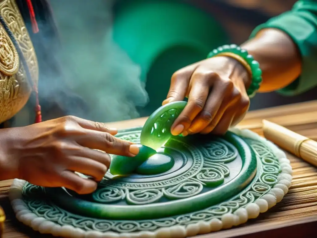 Artesano Maya esculpiendo joyería de jade con destreza ancestral Un artesano maya esculpe jade con técnicas tradicionales, resaltando la importancia del jade en la sociedad maya