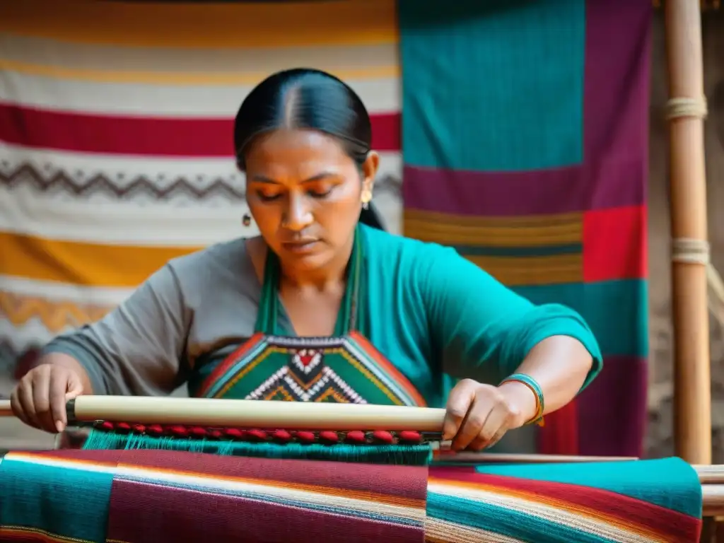 Un artesano maya hábil tejiendo en un telar de cintura tradicional, rodeado de hilos coloridos y patrones textiles