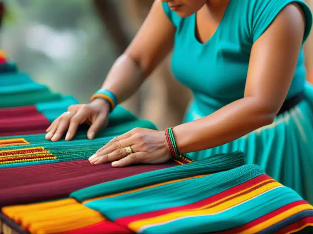 Un artesano maya tejiendo textiles tradicionales con hilos coloridos, mostrando la rica herencia cultural