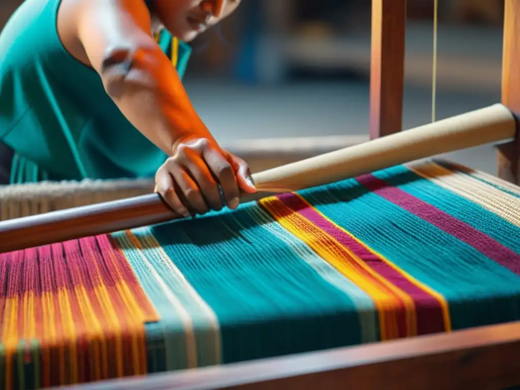 Un artesano maya tejiendo textiles tradicionales en un telar de madera, mostrando la destreza y dedicación en la vestimenta maya en la actualidad
