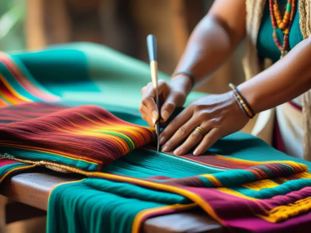 Un artesano maya tejiendo textiles vibrantes en su taller, destacando la artesanía y cultura de las lenguas mayas