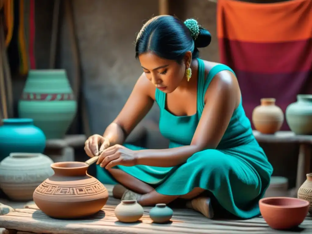 Un artesano maya tradicional crea una pieza de alfarería rodeado de textiles y herramientas, en un taller lleno de cultura y naturaleza