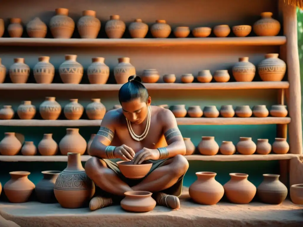 Hábil artesano maya moldeando una vasija de barro con diseños tradicionales, rodeado de técnicas cerámica maya ancestral